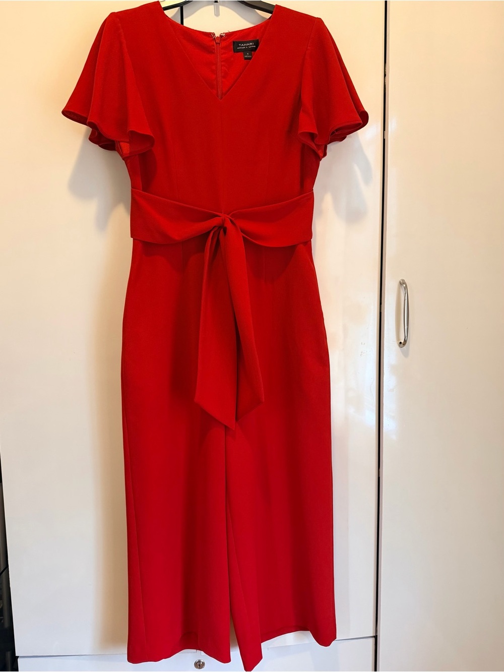 Tahari ASL Red Tie-Front Midi Dress with Flutter Sleeves